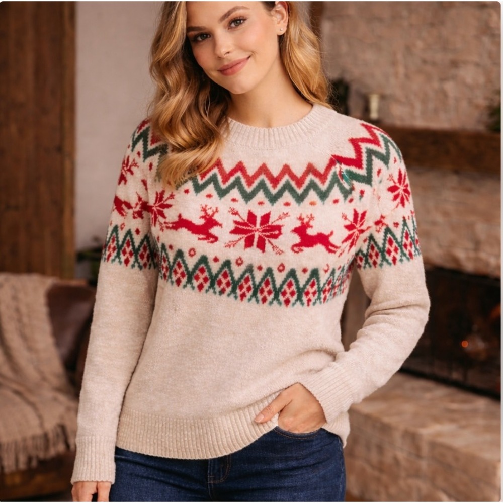 Torrid Fair Isle Reindeer Holiday‎ Sweater Oatmeal Red Green NWT Size 1